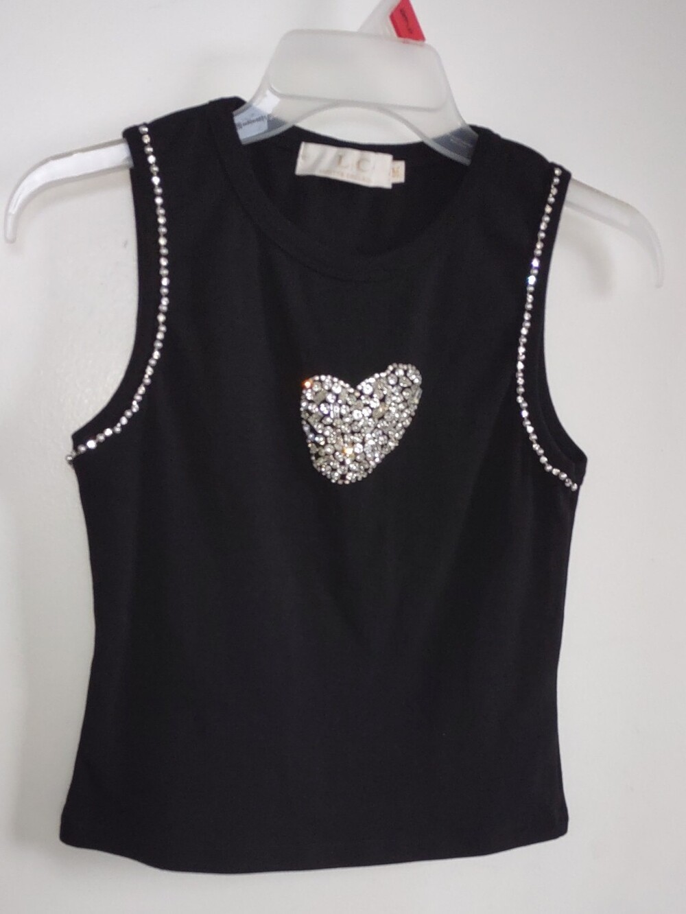 Women Black Sleeveless Top with Rhinestone Heart